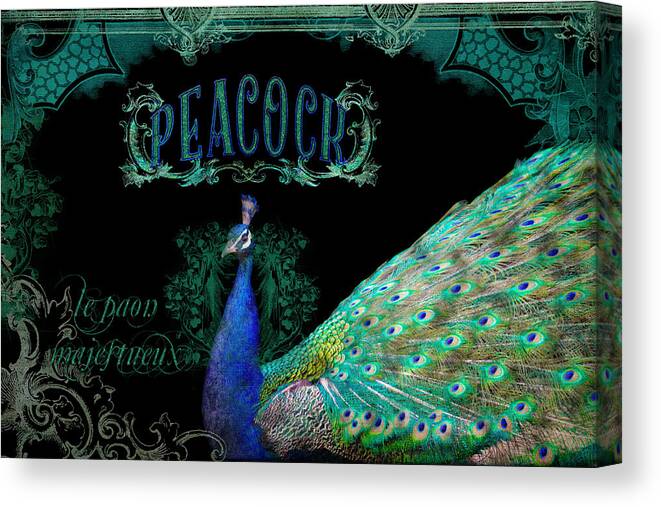 Regal Canvas Print featuring the mixed media Elegant Peacock w Vintage Scrolls #1 by Audrey Jeanne Roberts