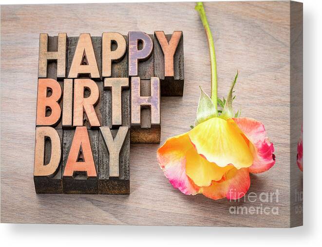 Banner Canvas Print featuring the photograph Happy Birthday greetings card in wood type #2 by Marek Uliasz