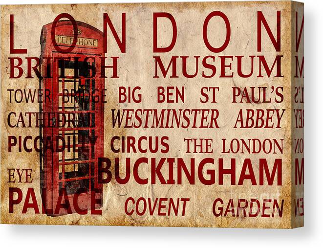 London Canvas Print featuring the photograph London vintage poster red by Delphimages London Photography