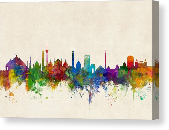 Watercolour Canvas Print featuring the digital art New Delhi India Skyline #2 by Michael Tompsett
