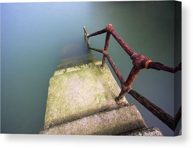 Railing Canvas Print featuring the photograph Rusty Handrail Going Down On Water #2 by Mikel Martinez de Osaba