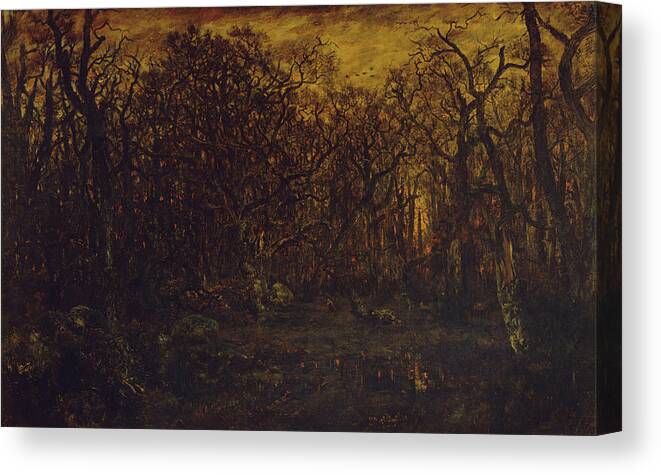 The Forest In Winter At Sunset Canvas Print featuring the painting The Forest in Winter at Sunset by Theodore Rousseau