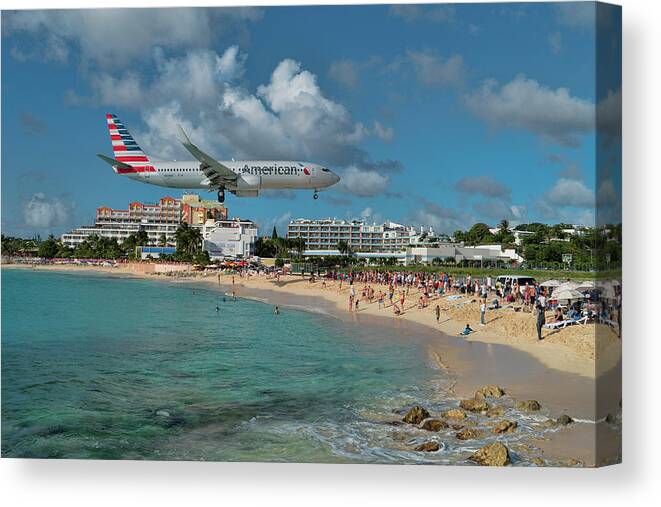 American Canvas Print featuring the photograph American Airlines at St. Maarten #3 by David Gleeson
