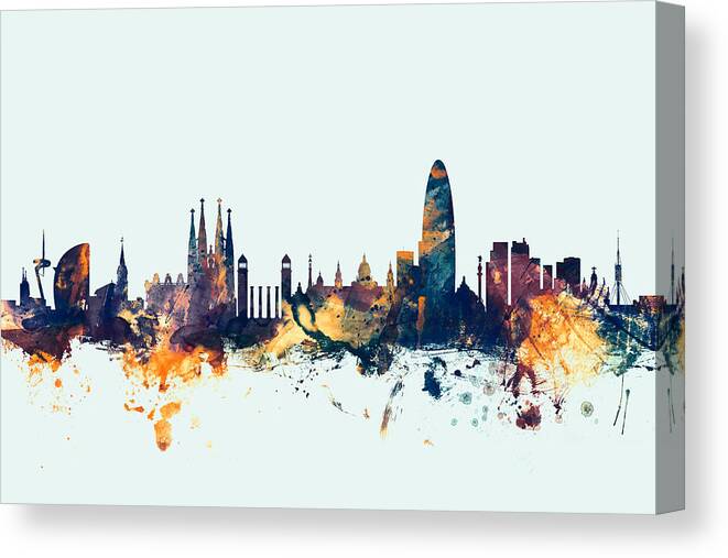 Barcelona Canvas Print featuring the digital art Barcelona Spain Skyline #3 by Michael Tompsett
