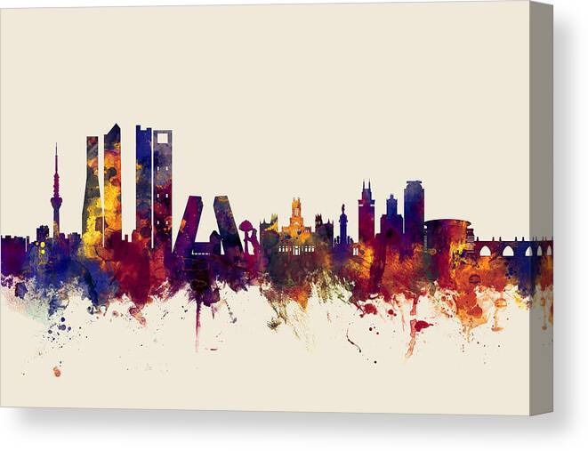 Madrid Canvas Print featuring the digital art Madrid Spain Skyline #3 by Michael Tompsett