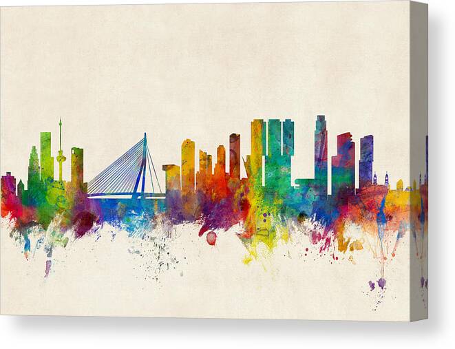 Rotterdam Canvas Print featuring the digital art Rotterdam The Netherlands Skyline #3 by Michael Tompsett