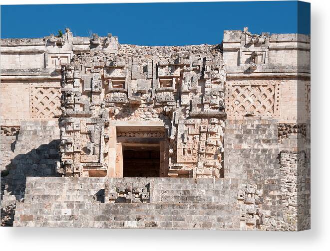 Mexico Yucatan Canvas Print featuring the digital art Detail of the magicians House in Uxmal #4 by Carol Ailles