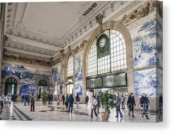 Architecture Canvas Print featuring the photograph Sao Bento Railway Station Landmark Interior In Porto Portugal #4 by JM Travel Photography