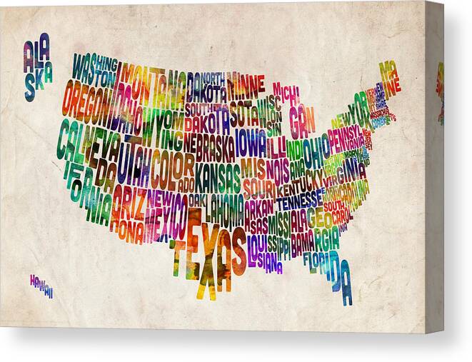 Usa Map Canvas Print featuring the digital art United States Text Map by Michael Tompsett