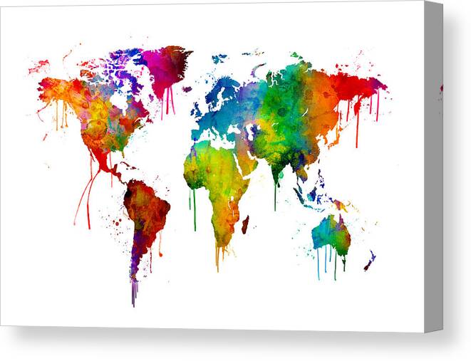 A Bright And Colorful Watercolor World Map. Canvas Print featuring the digital art Watercolor Map of the World Map by Michael Tompsett