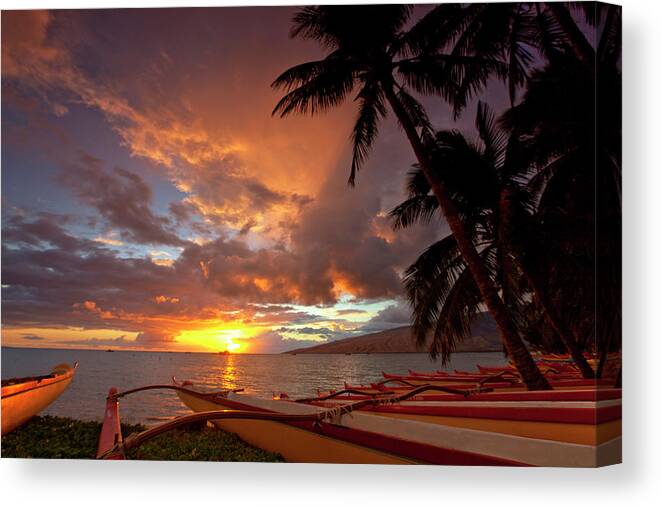 Kihei Canoes Maui Hawaii Sunset Canoes Palmtrees Clouds Beach Seascapes Canvas Print featuring the photograph Kihei Canoes #6 by James Roemmling