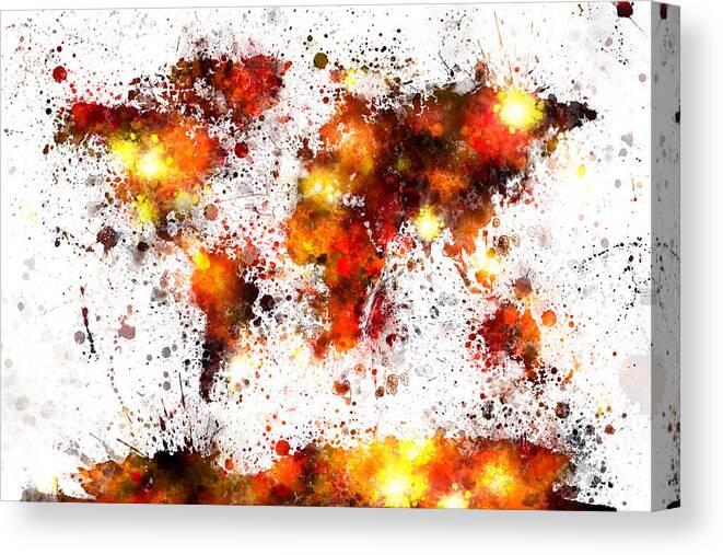 Map Of The World Canvas Print featuring the digital art World Map Paint Splashes #7 by Michael Tompsett