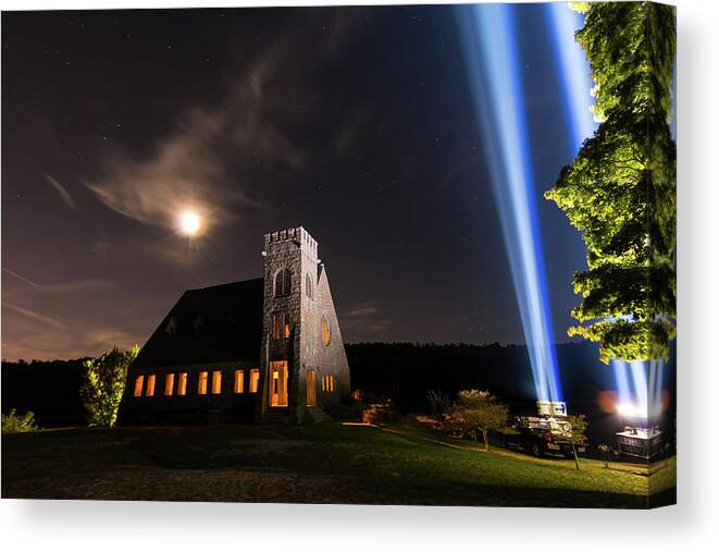 9/11 9-11 911 Nine Eleven Nine-eleven September Eleventh 11 9 West W Boylston Ma Mass Massachusetts Old Stone Church Architecture Lights Beams Light Moon Sky Night Darkness Dark Outside Outdoors Memorial Tribute Trees Wachusett Reservoir New England Newengland U.s.a. Usa Brian Hale Brianhalephoto Clouds Canvas Print featuring the photograph 9/11 Memorial up close by Brian Hale