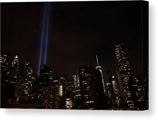 15th Anniversary Canvas Print featuring the photograph 9-11 Tribute NYC Skyline from Seaport by Jeff at JSJ Photography