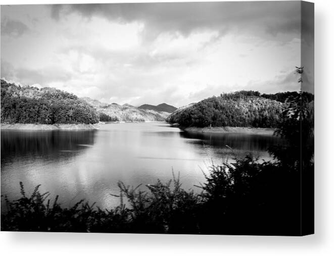 Kelly Hazel Canvas Print featuring the photograph A Black and White Landscape on the Nantahala River by Kelly Hazel