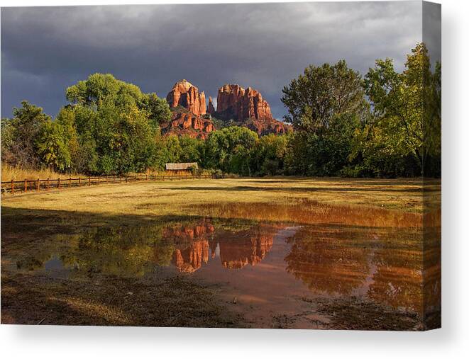 Cathedral Rock Canvas Print featuring the photograph A Light in Darkness by Leda Robertson