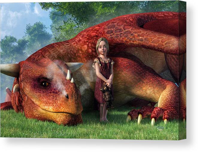 Little Girl Canvas Print featuring the digital art A Little Girl and Her Dragon by Daniel Eskridge