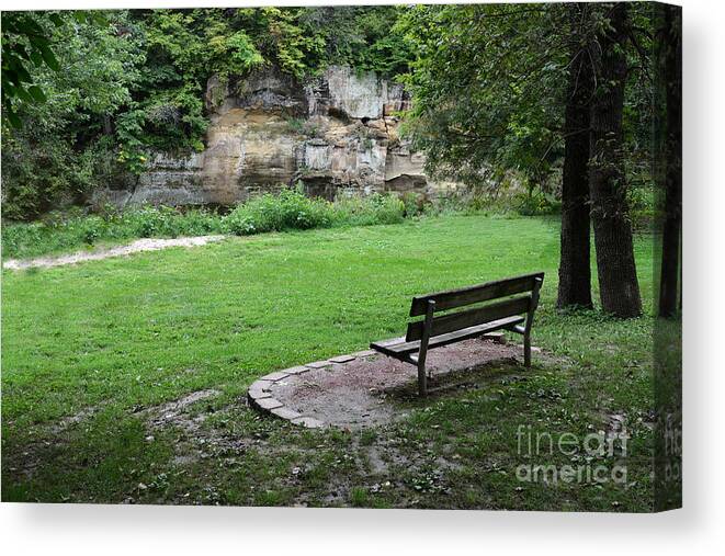Bench Park Meditate Peace Peaceful Nature Tree Trees Grass Park Rock Rocks Canvas Print featuring the photograph A Medatative Locale by Ken DePue