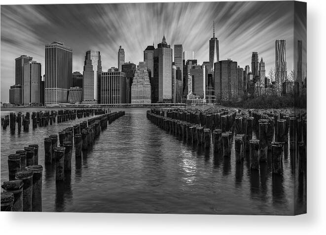 Brooklyn Canvas Print featuring the photograph A New York City Day Begins BW by Susan Candelario