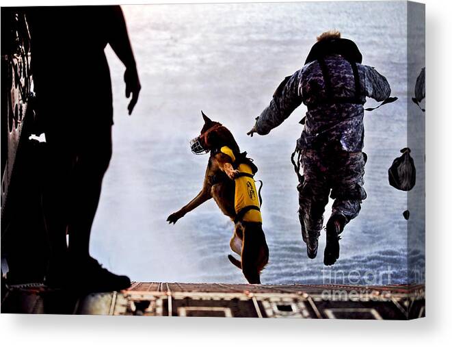 Military Canvas Print featuring the photograph A U.s. Soldier And His Military Working by Stocktrek Images