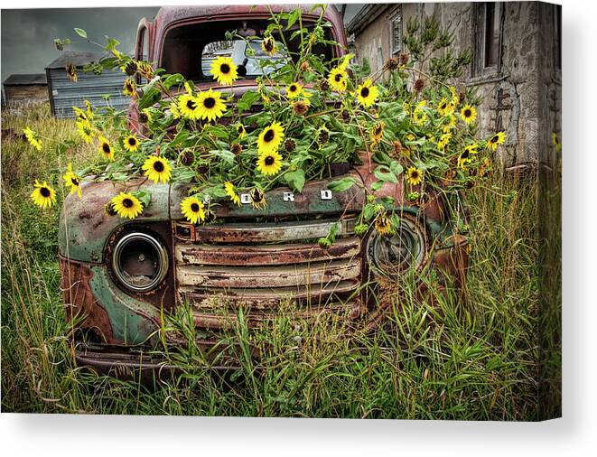 Art Canvas Print featuring the photograph Abandoned Old Ford Truck with Yellow Flowers in the Ghost Town by Okaton South Dakota by Randall Nyhof