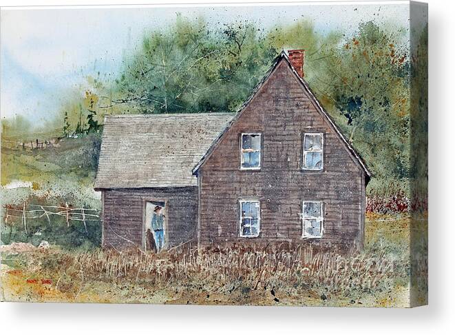 A Farmer Stands In The Doorway Of An Old Weathered House At The Acadian Historical Village Near Caraquet Canvas Print featuring the painting Acadia House by Monte Toon