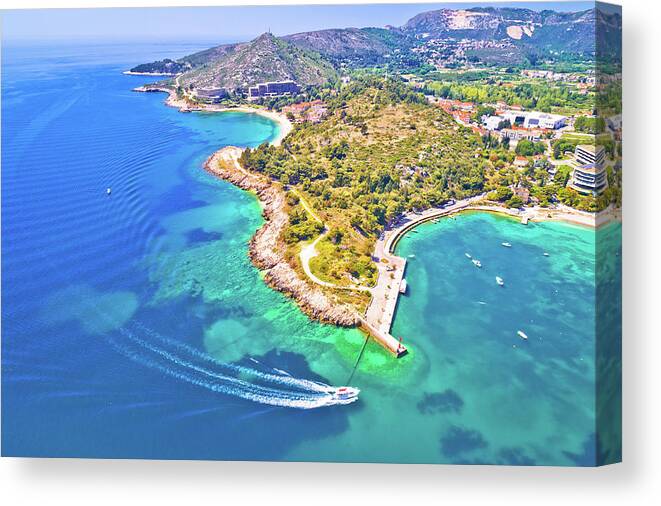Srebreno Canvas Print featuring the photograph Aerial view of Dubrovnik emerald coastline in Srebreno by Brch Photography