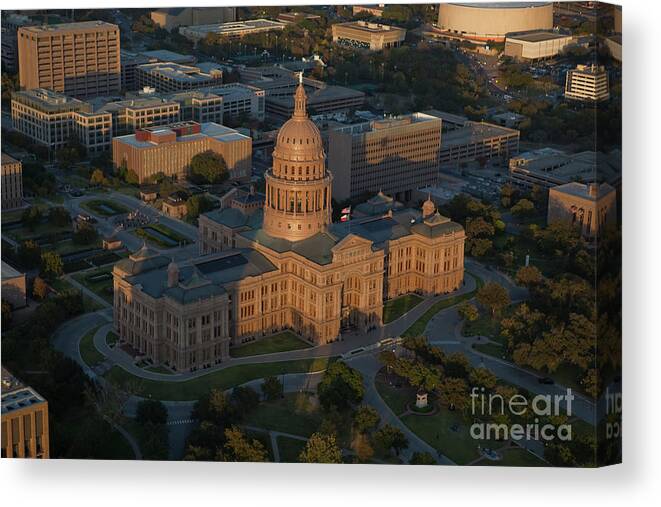 Helicopter Canvas Print featuring the photograph Aerial view of the Texas State Capitol facing North by Dan Herron