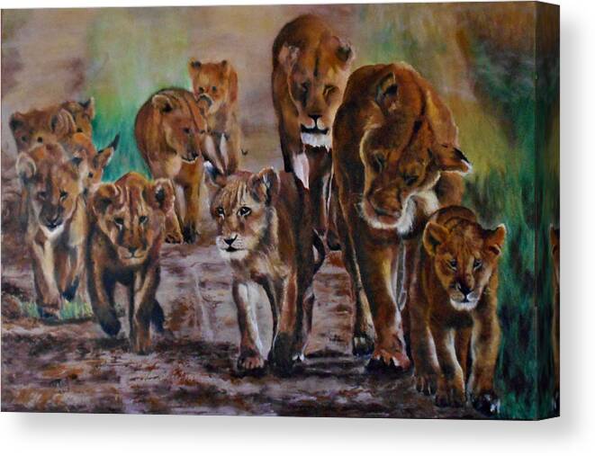 Lions Canvas Print featuring the painting Afternoon Stroll by Maris Sherwood