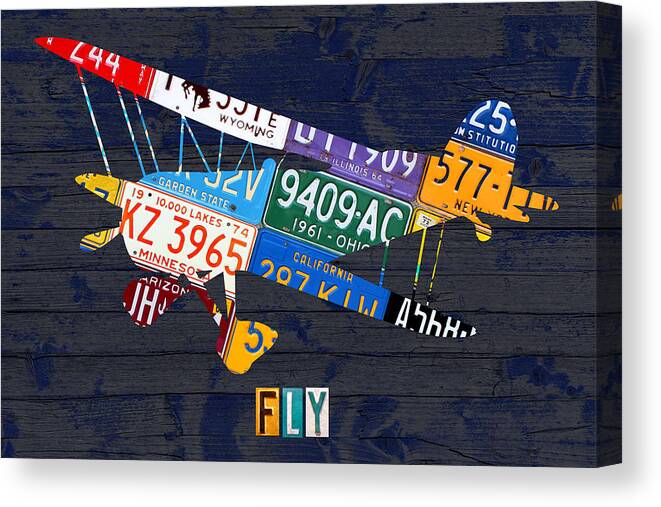 Airplane Vintage Biplane Silhouette Shape Recycled License Plate Art on  Blue Barn Wood Canvas Print