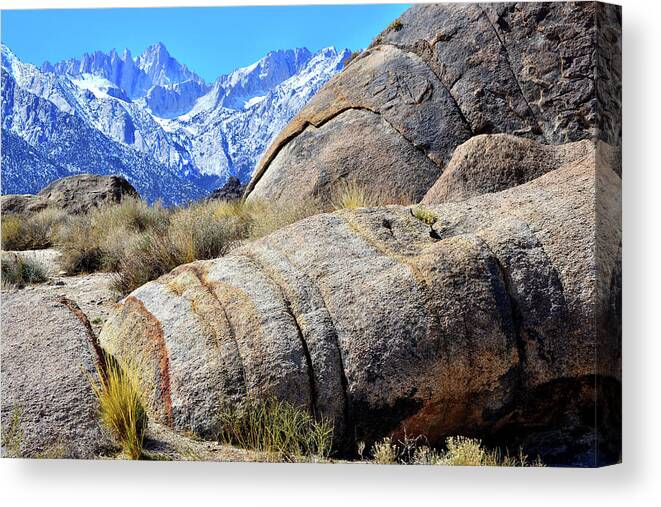 Alabama Hills Canvas Print featuring the photograph Alabama Hills Boulders and Mt. Whitney by Ray Mathis