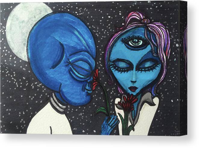 Love Canvas Print featuring the drawing Aliens love flowers by Similar Alien