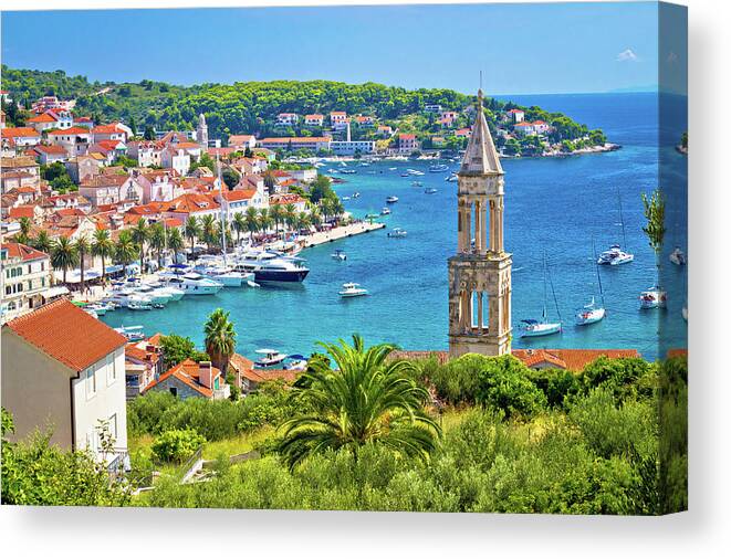 Panorama Canvas Print featuring the photograph Amazing town of Hvar harbor aerial view by Brch Photography