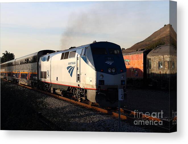Amtrak Canvas Print featuring the photograph Amtrak Trains at The Niles Canyon Railway In Historic Niles District California . 7D10856 by Wingsdomain Art and Photography