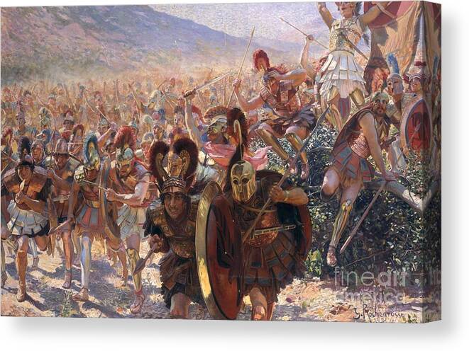 Ancient Warriors Canvas Print featuring the painting Ancient Warriors by Georges Marie Rochegrosse