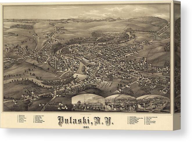 Antique Birds Eye View Map Of Pulaski Canvas Print featuring the drawing Antique Maps - Old Cartographic maps - Antique Birds Eye View Map of Pulaski, Tennessee, 1885 by Studio Grafiikka