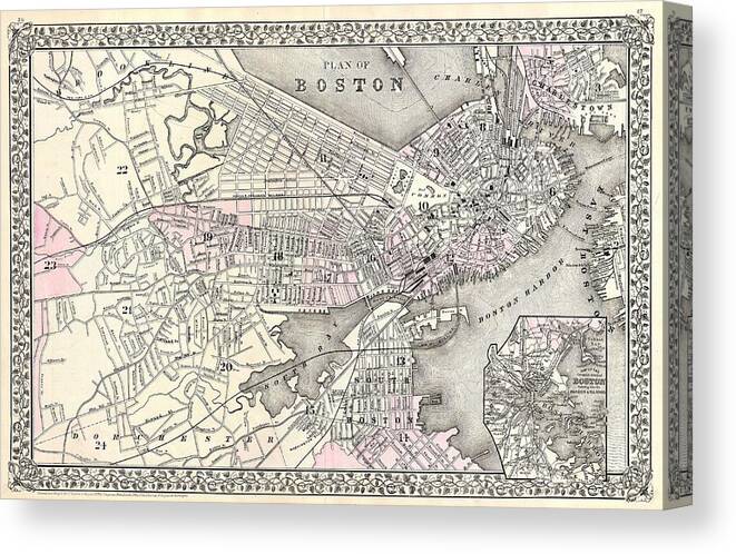 Antique Map Of Boston Canvas Print featuring the drawing Antique Maps - Old Cartographic maps - Antique Map of Boston Massachusetts, 1879 by Studio Grafiikka
