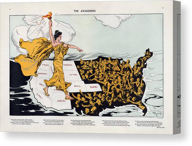 Antique Map Of The United States Of America Canvas Print featuring the drawing Antique Map of the United States of America - The Spirit of Liberty - The Awakening, 1915 by Studio Grafiikka