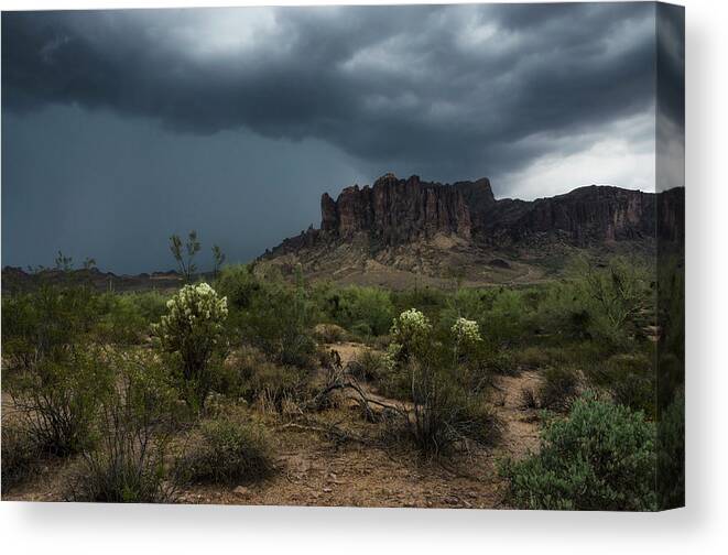 Superstition Mountains Canvas Print featuring the photograph As Rain Falls on The Superstitions by Saija Lehtonen