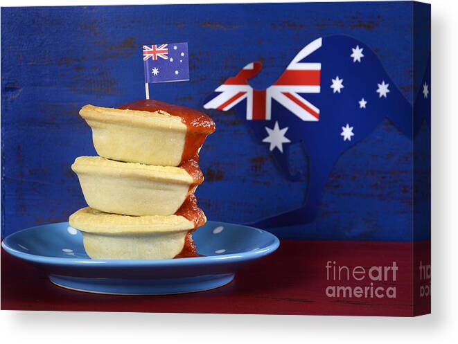 Australia Canvas Print featuring the photograph Australian iconic meat pies and tomato sauce by Milleflore Images