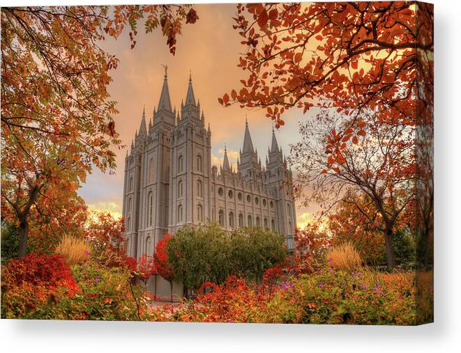 Temple Canvas Print featuring the photograph Autumn at Temple Square by Dustin LeFevre