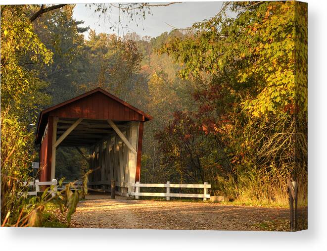 Covered Bridge Canvas Print featuring the photograph Autumn Covered Bridge by Ann Bridges