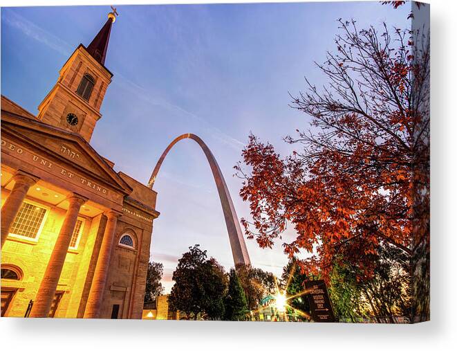 America Canvas Print featuring the photograph Autumn Sunrise - Downtown Saint Louis Gateway Arch and Old Cathedral by Gregory Ballos