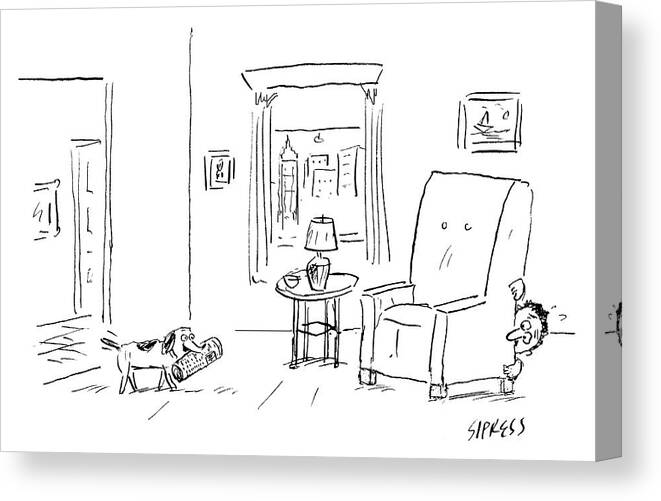 Dog Canvas Print featuring the drawing Awaiting todays news by David Sipress