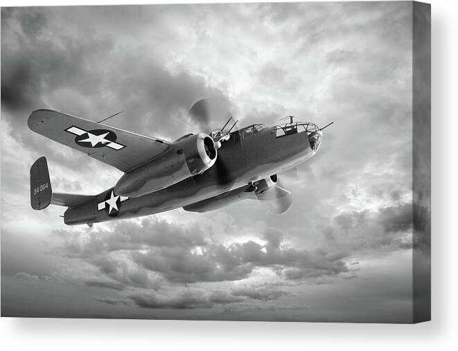 Aviation Canvas Print featuring the photograph B-25 Mitchell in Black and White by Gill Billington