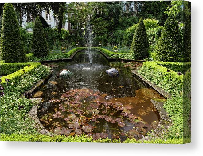 Georgia Mizuleva Canvas Print featuring the photograph Backyard Oasis Symmetry - Gracious Garden Fountain by Georgia Mizuleva