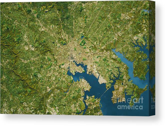 Baltimore Canvas Print featuring the photograph Baltimore City Topographic Map Natural Color by Frank Ramspott