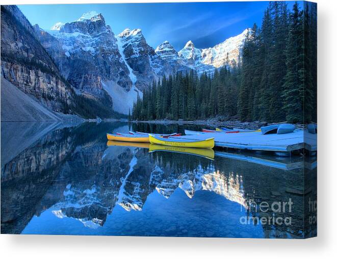 Moraine Lake Canvas Print featuring the photograph Banff Moraine Lake Reflections by Adam Jewell
