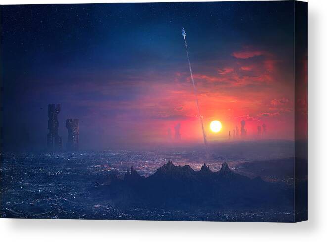 Scifi Canvas Print featuring the painting Barcelona Smoke and Neons Montserrat by Guillem H Pongiluppi