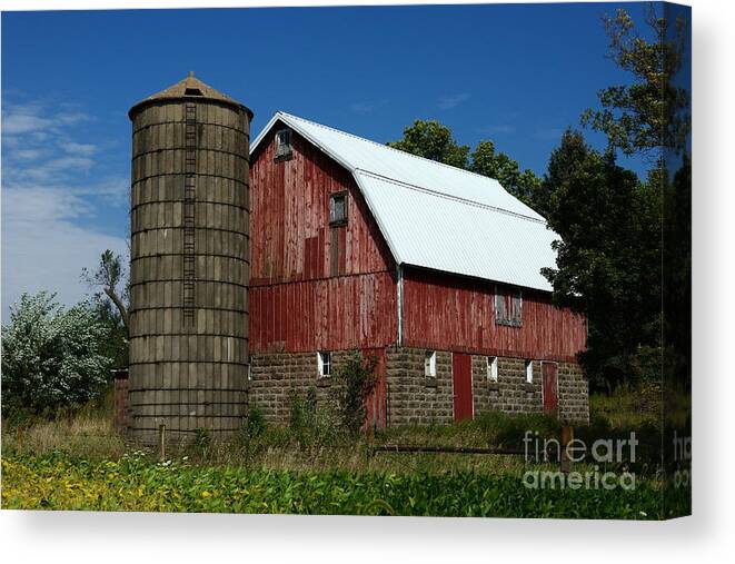Barn Silo Farm Iowa Agriculture Canvas Print featuring the photograph Barn and Concrete Silo 0842 by Ken DePue